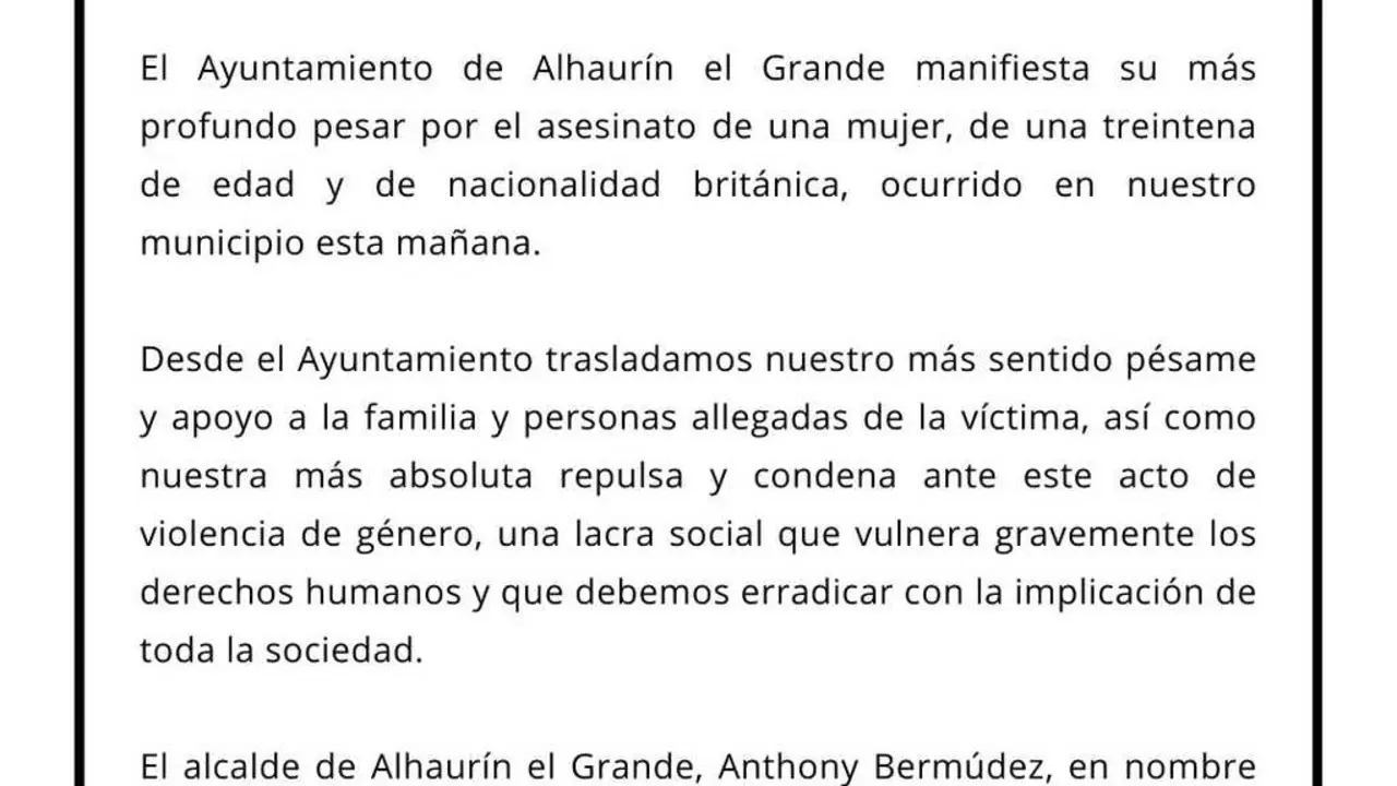 Decreto de d&iacute;a de luto en Alhaur&iacute;n el Grande para el pr&oacute;ximo lunes 26 de enero tras el asesinato de una mujer, presuntamente por su expareja, en la localidad malague&ntilde;a.