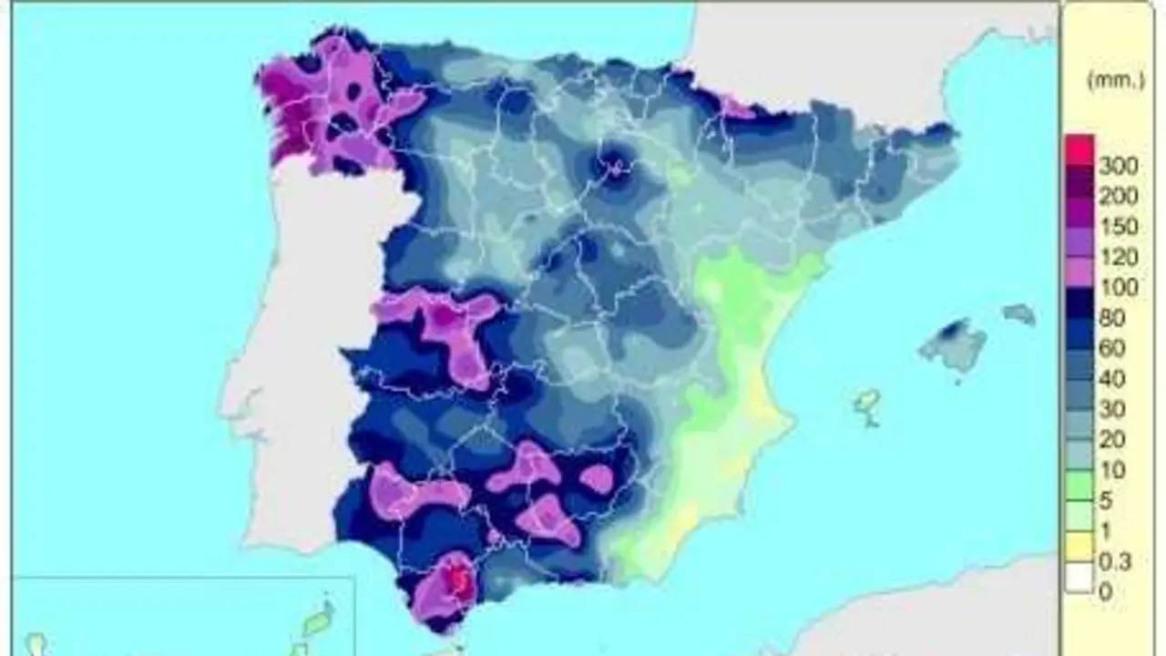 Las lluvias acumuladas en Espa&ntilde;a desde el 1 de octubre suman 315 l/m2, un 11% m&aacute;s de lo normal.