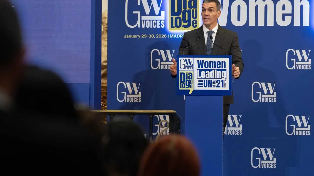 El presidente del Gobierno, Pedro S&aacute;nchez, interviene en el acto Mujeres liderando la ONU del siglo XXI, en la Real Academia de Bellas Artes de San Fernando, a 30 de enero de 2026, en Madrid (Espa&ntilde;a).