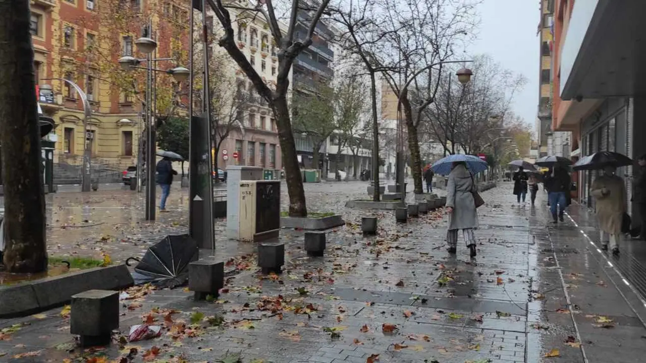 El Bulevar Gran Capit&aacute;n de C&oacute;rdoba con el paso de la borrasca Kristin, con paraguas rotos en el suelo por las fuertes rachas de viento.
