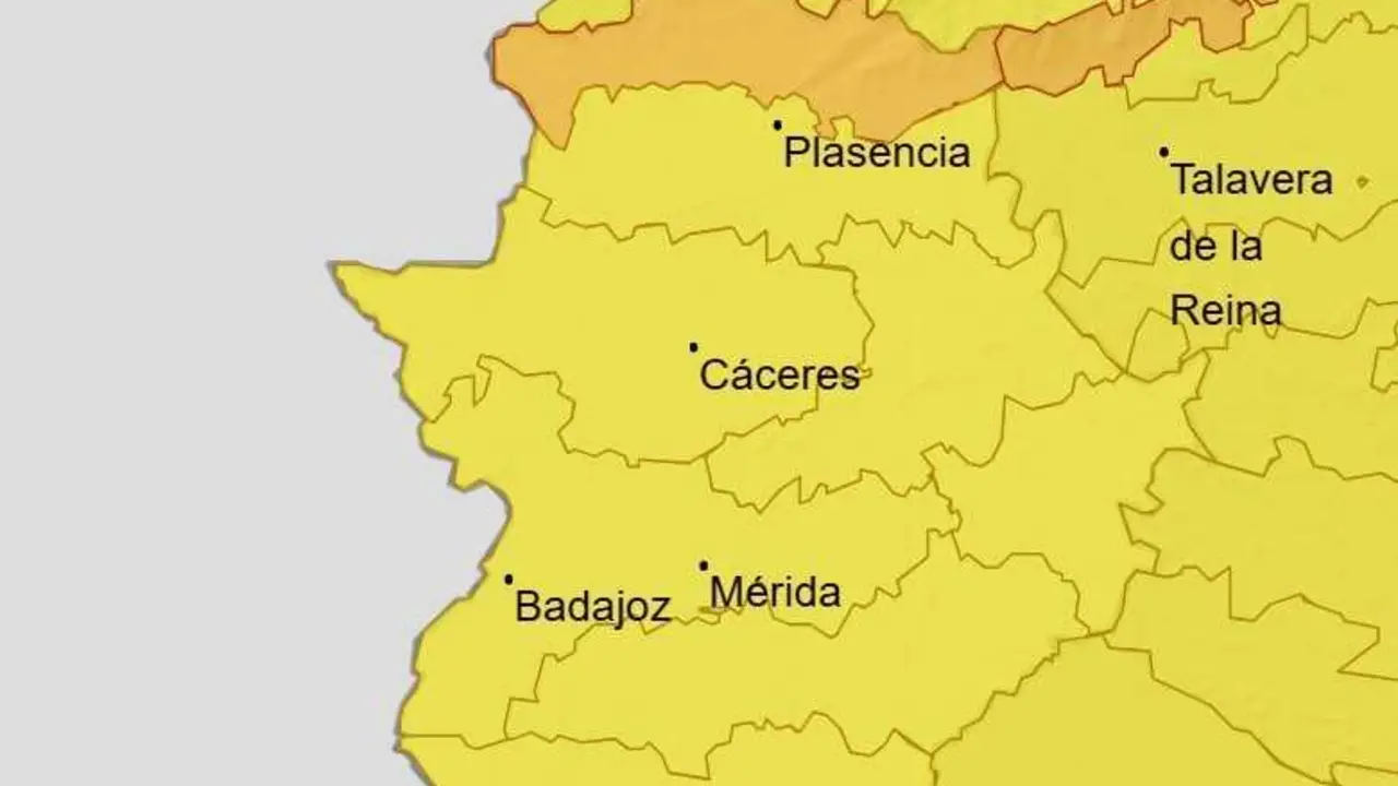 Mapa de avisos meterorol&oacute;gicos en Extremadura para este jueves, 5 de febrero.