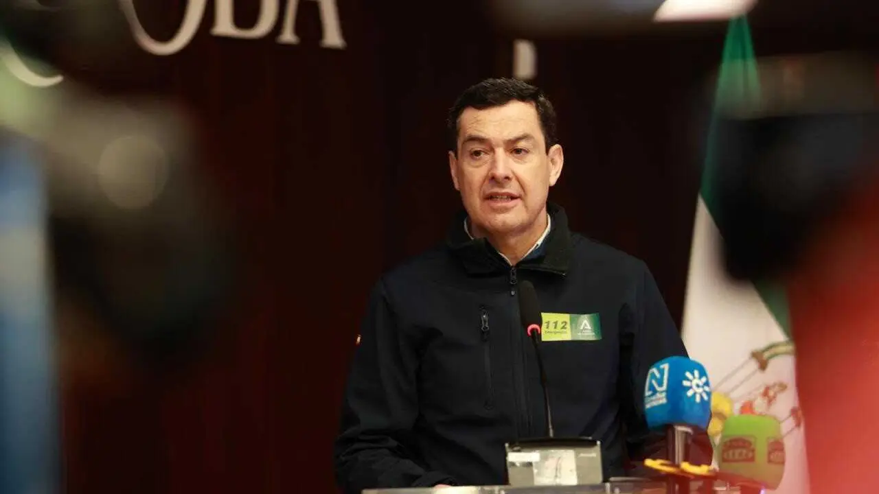 El presidente de la Junta de Andaluc&iacute;a, Juanma Moreno, en rueda de prensa en C&oacute;rdoba tras visitar zonas afectadas por el temporal