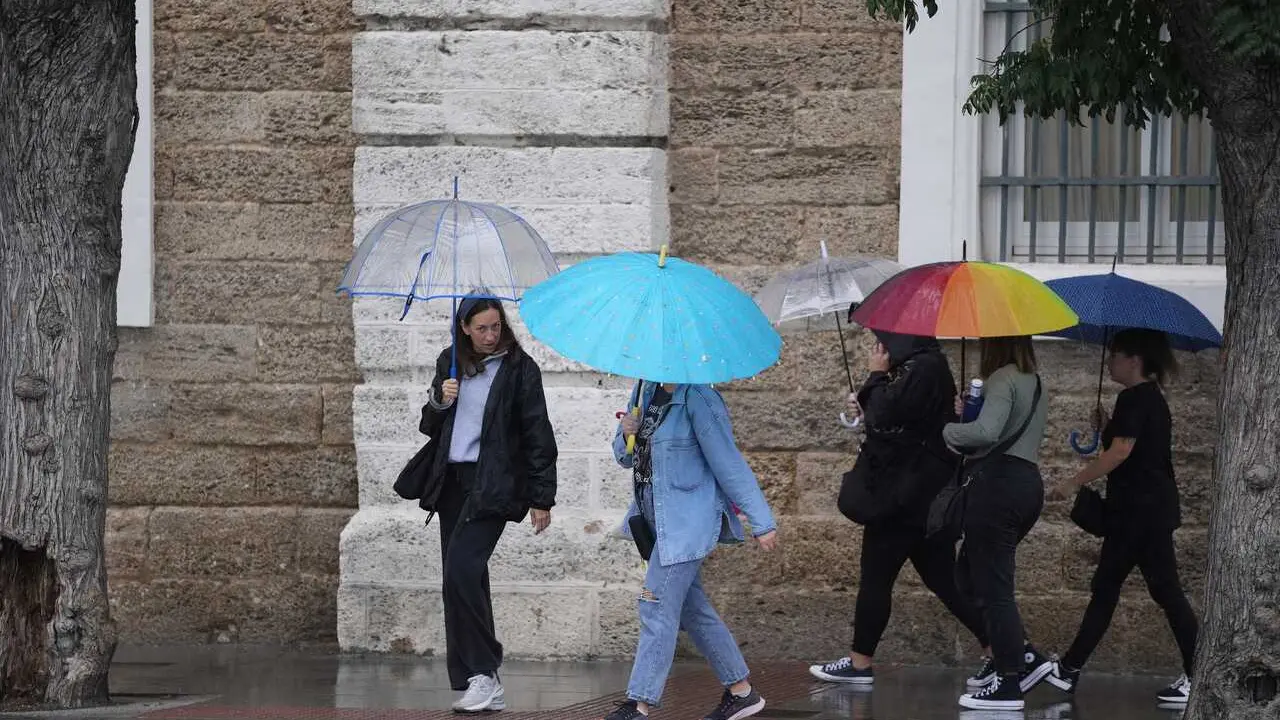 Archivo - Transeuntes bajo sus paraguas durante la intensa lluvia. A 11 de octubre de 2024, en C&aacute;diz (Andaluc&iacute;a, Espa&ntilde;a). 