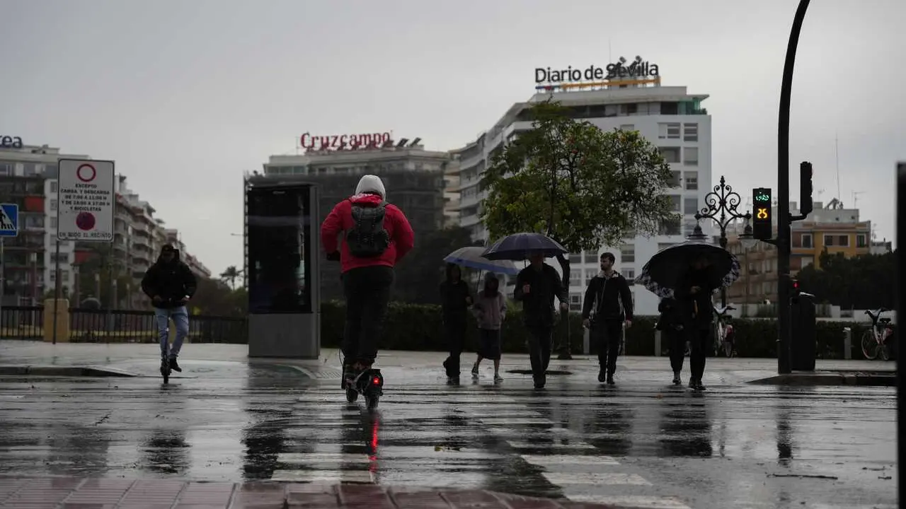 Peatones se protegen de la lluvia bajo sus paraguas, durante el paso de la borrasca Joseph. A 27 de enero del 2026 en Sevilla (Andaluc&iacute;a, Espa&ntilde;a). 