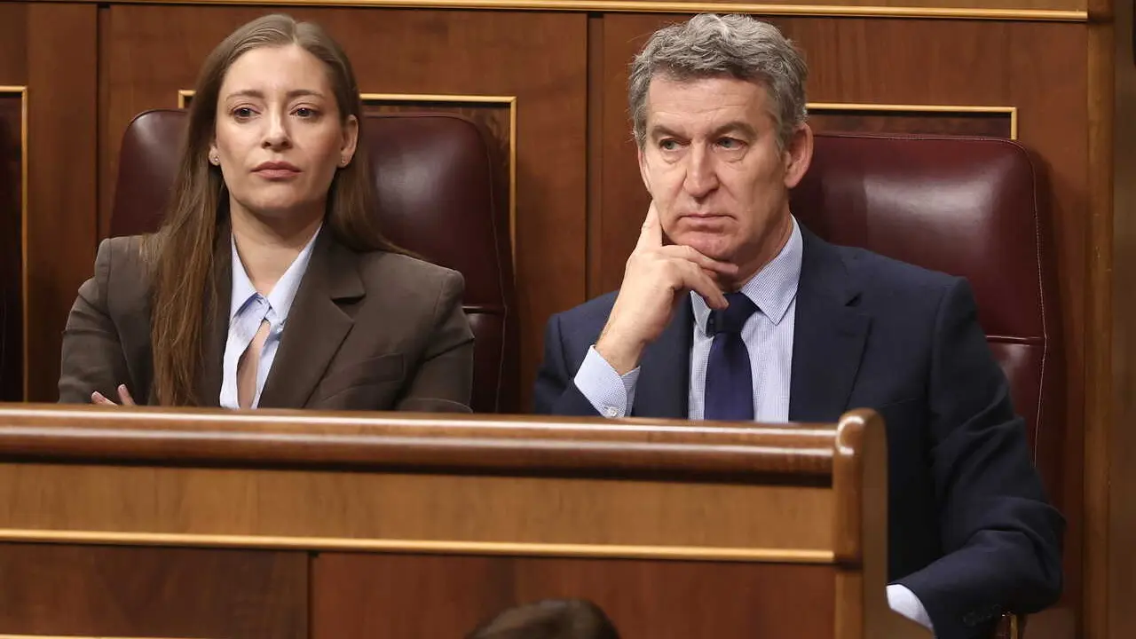 La portavoz del PP en el Congreso, Ester Mu&ntilde;oz, y el presidente del PP, Alberto N&uacute;&ntilde;ez Feij&oacute;o, durante una sesi&oacute;n de control al Gobierno, en el Congreso de los Diputados, a 18 de febrero de 2026, en Madrid (Espa&ntilde;a). 
