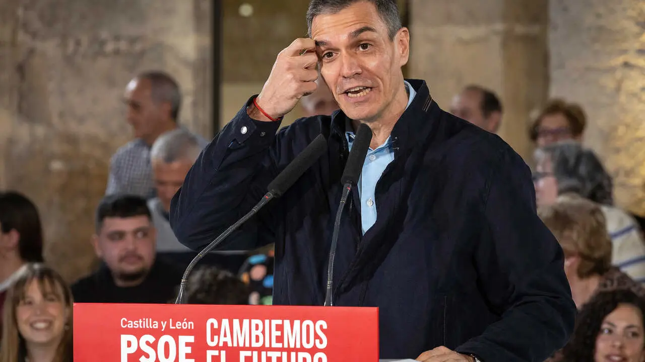 El presidente del gobierno, Pedro S&aacute;nchez, interviene durante un acto de inicio de campa&ntilde;a electoral, a 26 de febrero de 2026, en Burgos, Castilla y Le&oacute;n (Espa&ntilde;a).