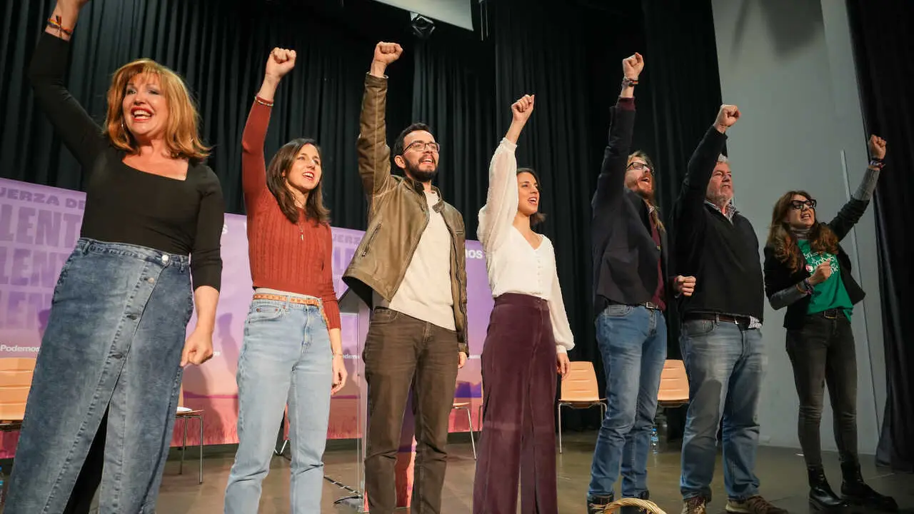 07-03-2026 VALLADOLID Claudia Alba En Valladolid, la eurodiputada Irene Montero, la secretaria general de Podemos, Ione Belarra, y el portavoz de Podemos, Pablo Fern&aacute;ndez, participan en un acto p&uacute;blico con el candidato a la presidencia de la Junta, Miguel &Aacute;ngel Llamas