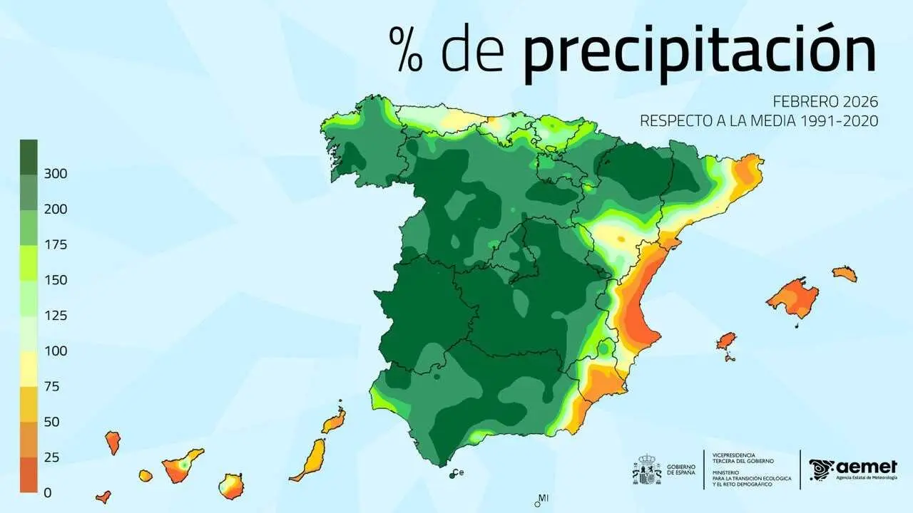 Febrero de 2026 acumul&oacute; 123,9 l/m2 de lluvia, casi dos veces y media m&aacute;s de lo normal.