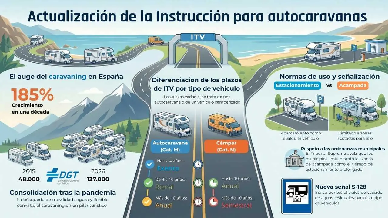 La Direcci&oacute;n General de Tr&aacute;fico (DGT) ha publicado este lunes en su p&aacute;gina web la Instrucci&oacute;n PROT 2026/04 sobre autocaravanas que actualiza a la anterior de 2023 y en la que incluye a las furgonetas camperizadas.