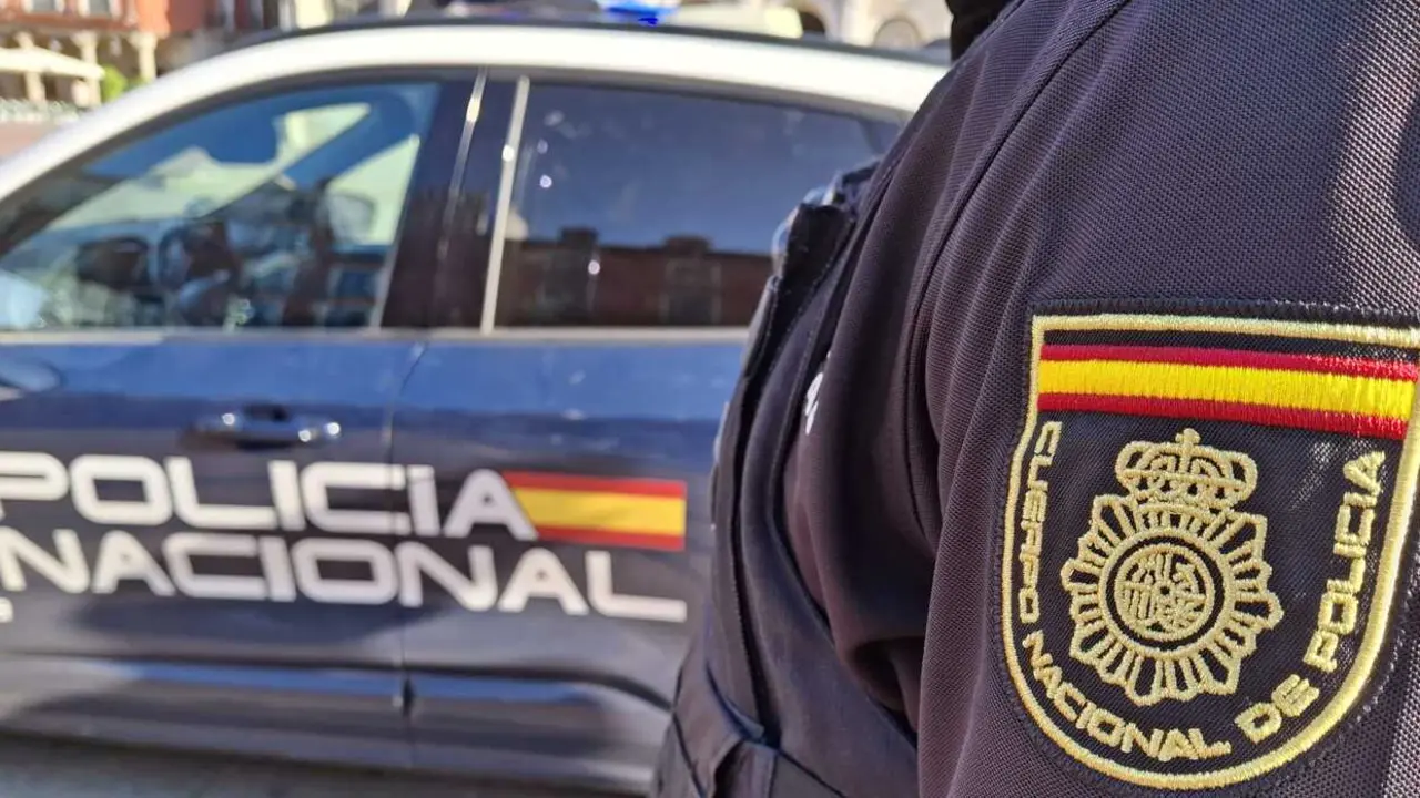 Imagen de archivo de un agente de Polic&iacute;a Nacional junto a un coche patrulla 