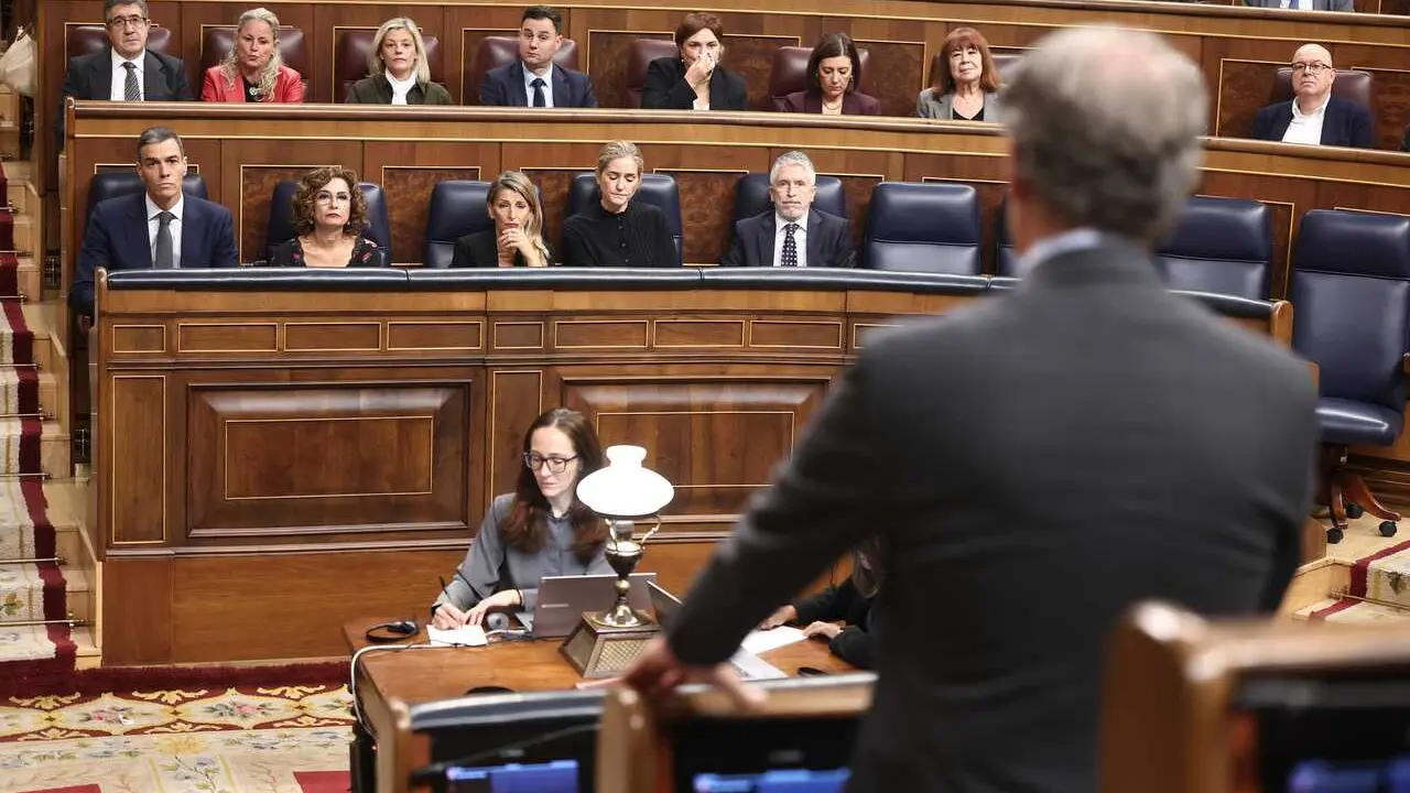 Archivo - El presidente del PP, Alberto N&uacute;&ntilde;ez Feijo (de espaldas), el presidente del Gobierno, Pedro S&aacute;nchez, junto a otros ministros en el Pleno del Congreso.