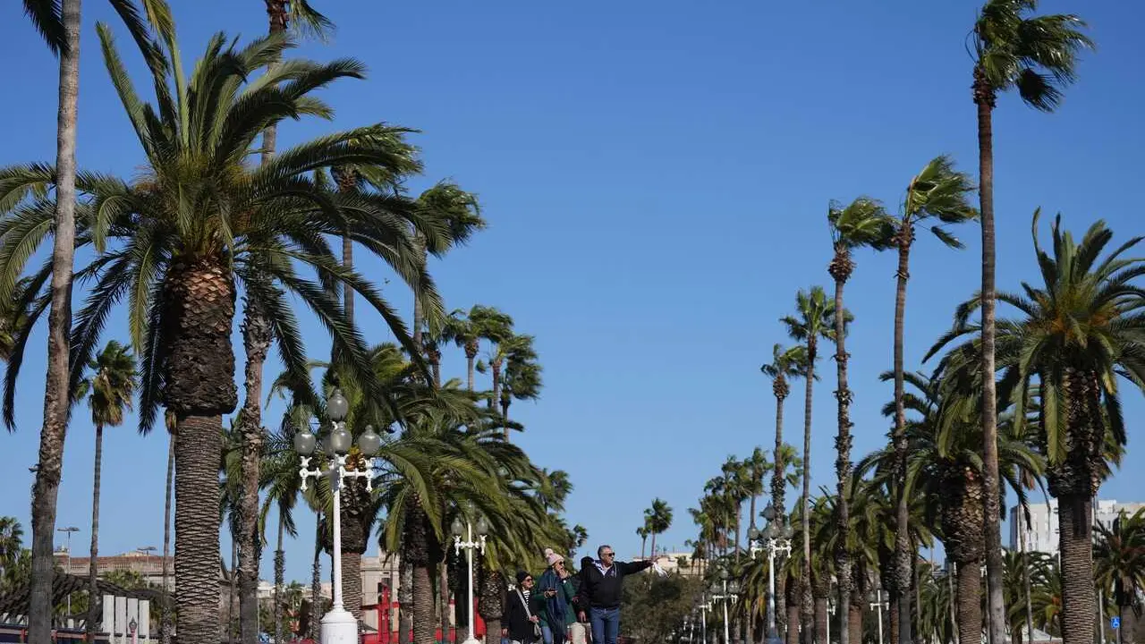 Archivo - Varias personas caminan durante el temporal por viento, a 12 de febrero de 2026, en Barcelona, Catalunya (Espa&ntilde;a)