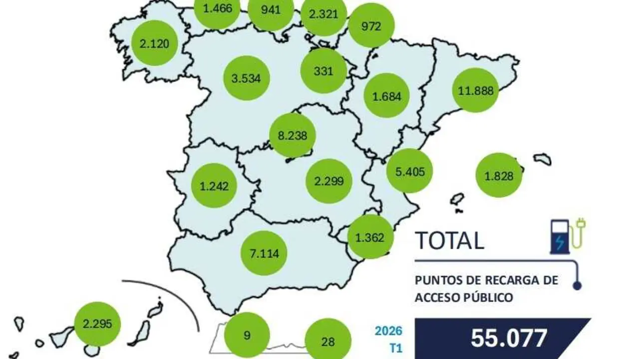 Mapa de puntos de recarga de autom&oacute;viles a marzo de 2026