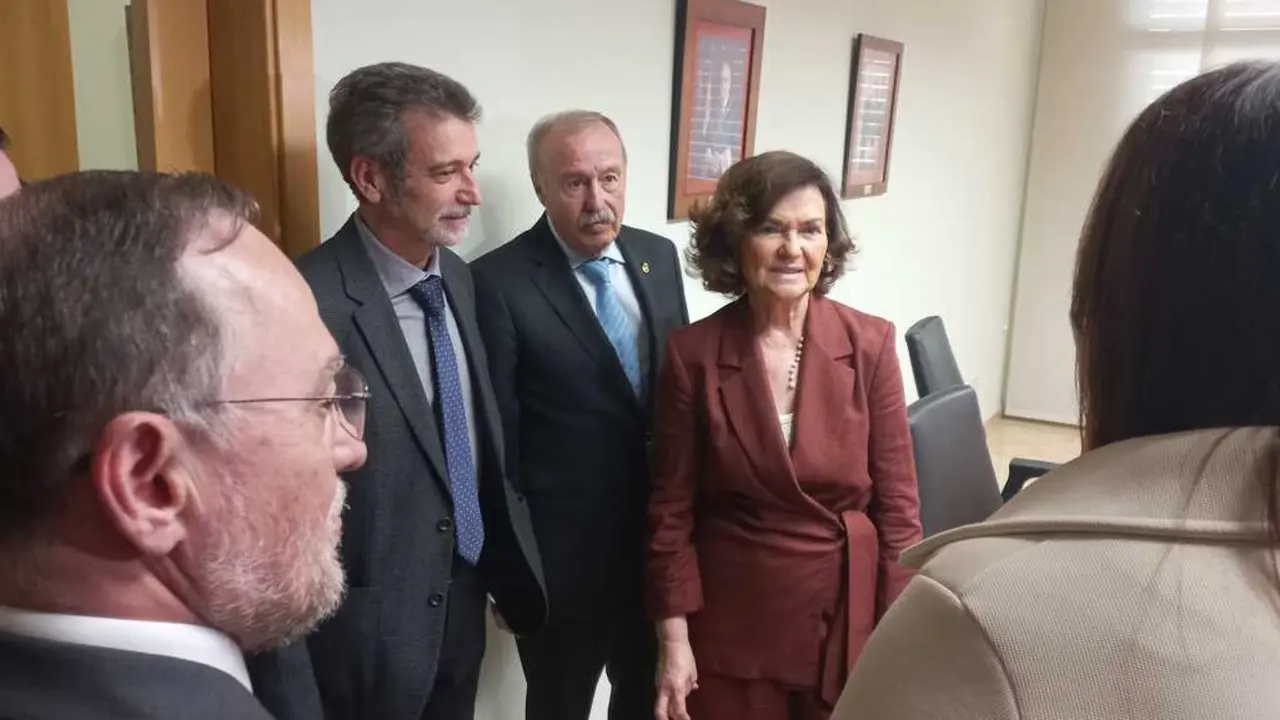 La presidenta del Consejo de Estado, Carmen Calvo, saluda a los consejeros del Consejo Jur&iacute;dico de la Regi&oacute;n de Murcia en compa&ntilde;&iacute;a de su presidente, Antonio G&oacute;mez Fayr&eacute;n