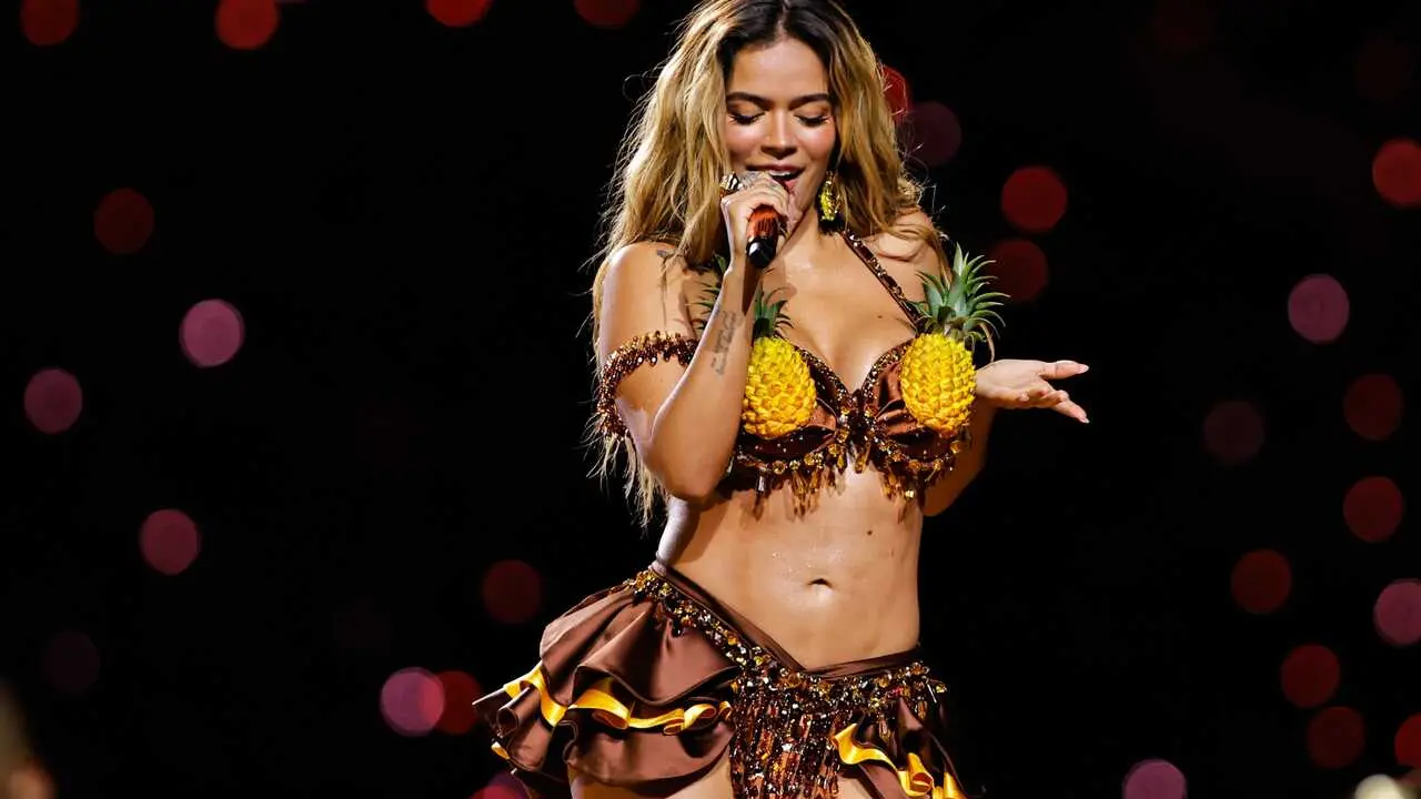 Karol G during the halftime show during the 2025 NFL Game between Kansas City Chiefs and Los Angeles Chargers on September 04, 2025 at Neo Qumica Arena in Sao Paulo, Brazil. (Photo by Karen Fontes / Sports Press Photo)