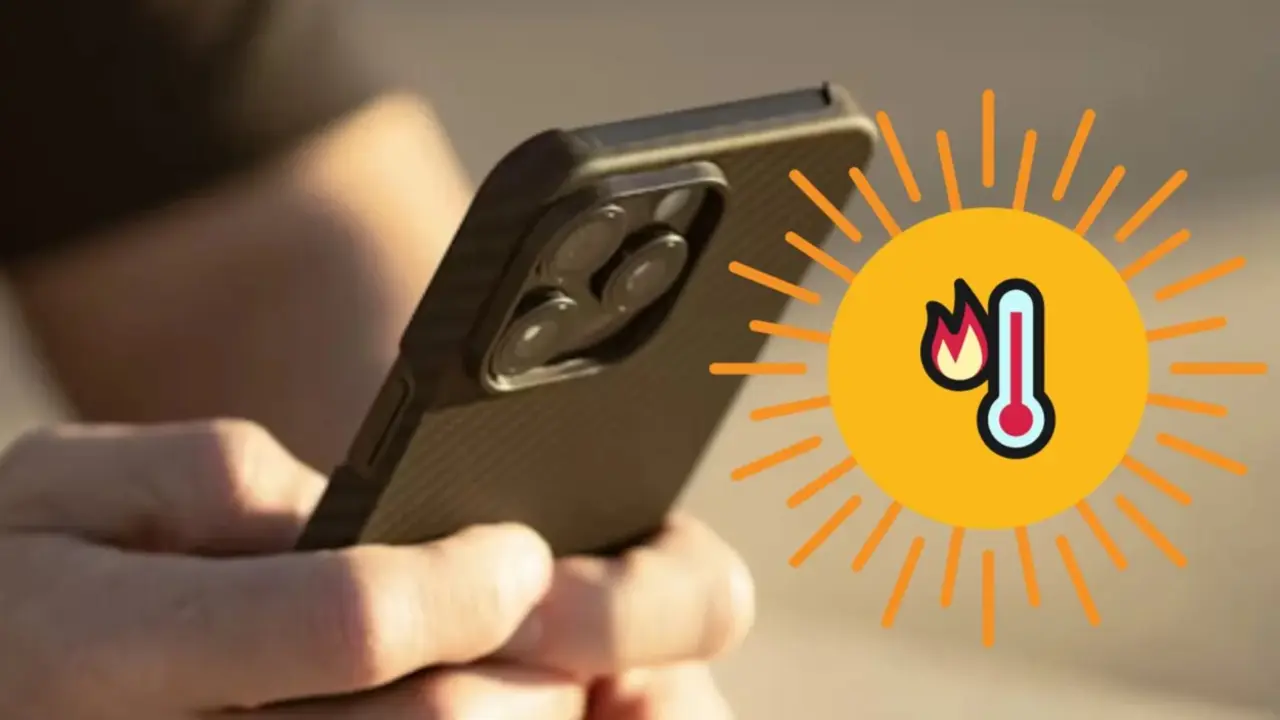 Tel&eacute;fono m&oacute;vil con icono de alta temperatura