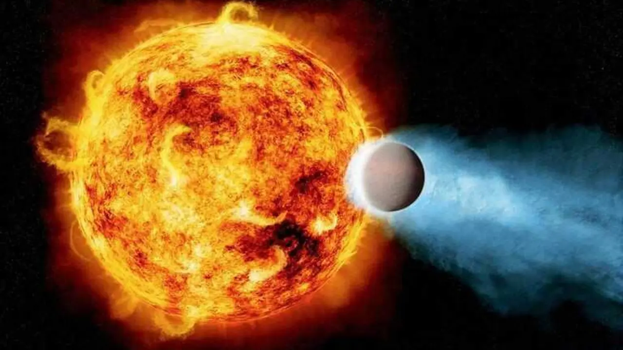 Ilustraci&oacute;n de una joven estrella similar al Sol que erosiona parte de la atm&oacute;sfera de un planeta en &oacute;rbita.