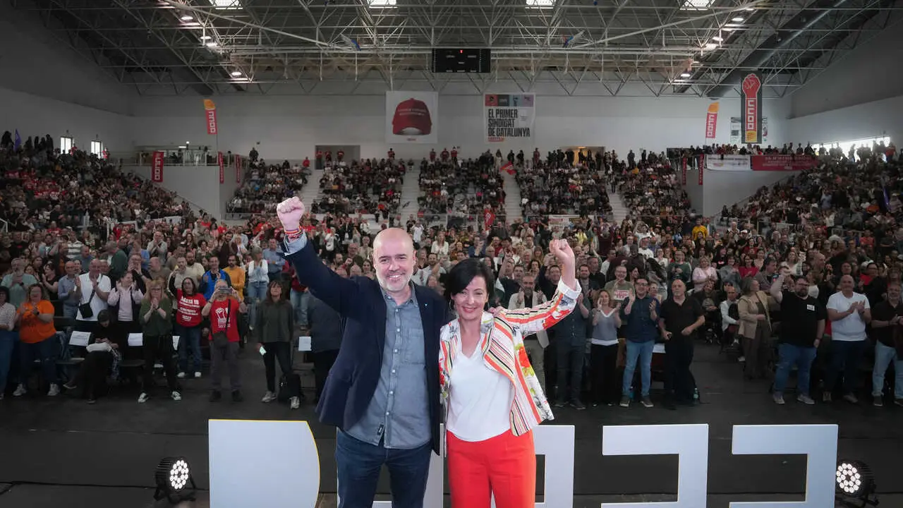 El secretario general de CC.OO., Unai Sordo, y la secretaria general de CC.OO. de Catalunya, Bel&eacute;n L&oacute;pez