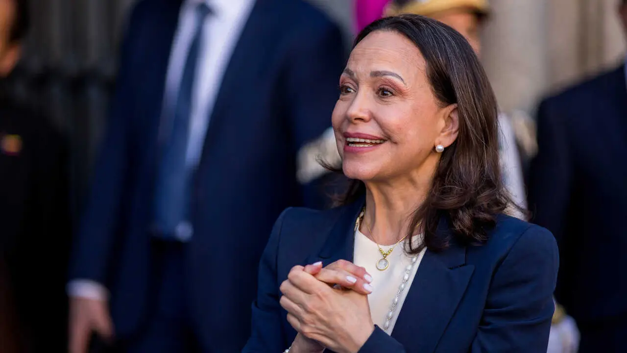 Maria Corina Machado, Venezuelan opposition leader and Nobel Peace Prize laureate, before receiving the Golden Key of Madrid from Jose Luis Martinez-Almeida, Mayor of Madrid, during her visit to Spain.
