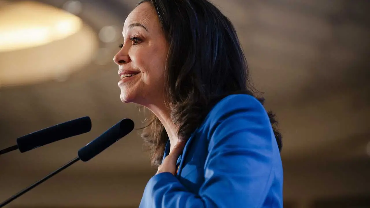 La l&iacute;der opositora venezolana, Mar&iacute;a Corina Machado, durante un desayuno informativo organizado por F&oacute;rum Europa, en el Four Seasons, a 20 de abril de 2026, en Madrid (Espa&ntilde;a).