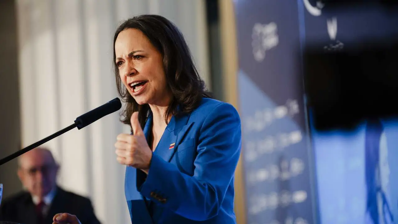 La l&iacute;der opositora venezolana, Mar&iacute;a Corina Machado, durante un desayuno informativo organizado por F&oacute;rum Europa, en el Four Seasons, a 20 de abril de 2026, en Madrid (Espa&ntilde;a).