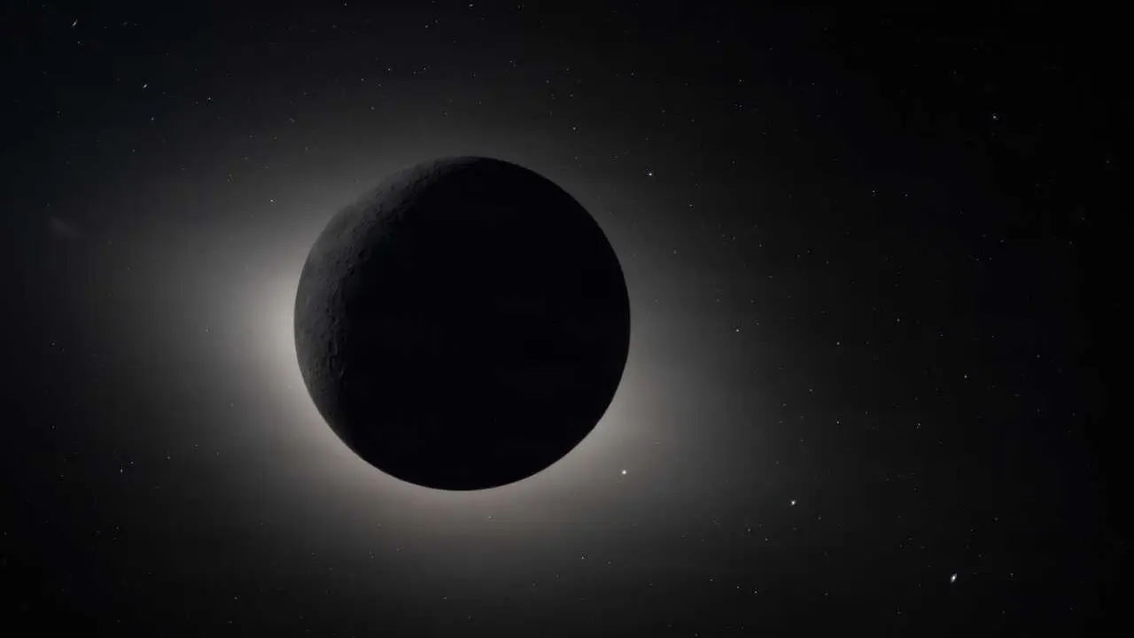 April 8, 2026, Orion Capsule, Outer Space: The Moon, backlit by the Sun during a solar eclipse, photographed by the Orion spacecraft external camera mounted on the solar array as the Artemis II mission approaches the Moon showing on day 6 of the mission a