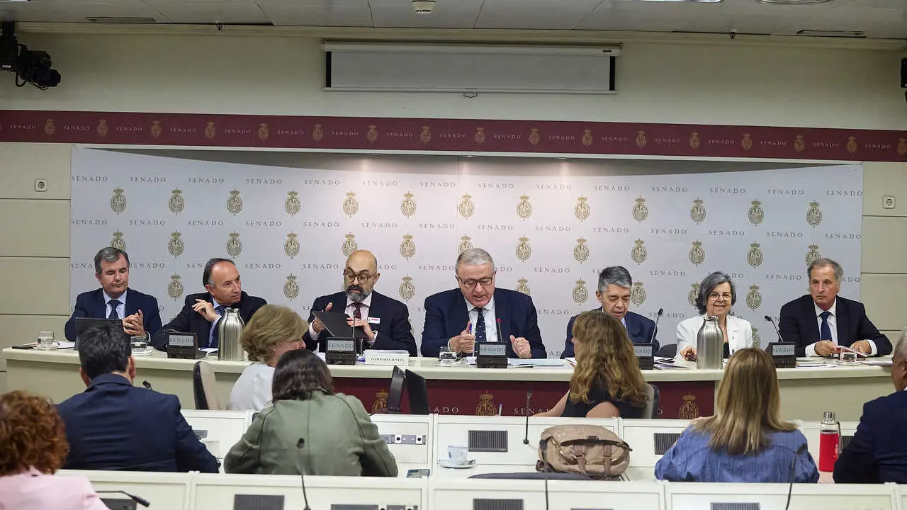 El presidente de Adif, Luis Pedro Marco de la Pe&ntilde;a (tercero por la izquierda), comparece ante la Comisi&oacute;n de Investigaci&oacute;n del Senado
