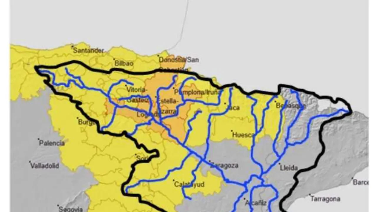 Mapa con los avisos meteorol&oacute;gicos por lluvias en la cuenca del Ebro.