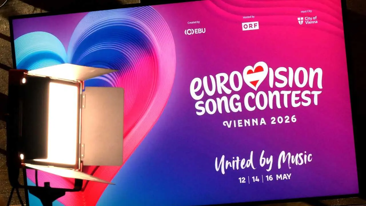 Archivo - 12 January 2026, Austria, Vienna: The logo for the Eurovision Song Contest (ESC) - Vienna 2026 can be seen during the semi-final draw for the 2026 Eurovision Song Contest. Photo: Harald Schneider/APA/dpa