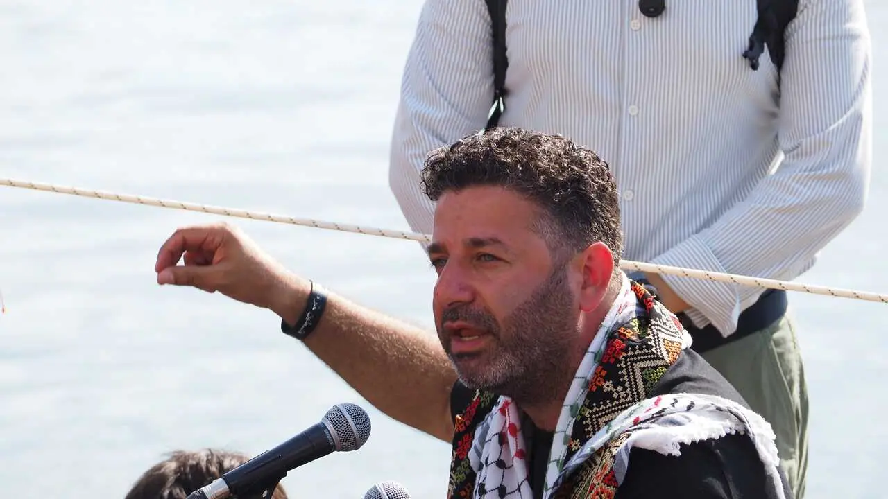 SAIF ABUKESHEK , coordinator of the Global Sumud Flotilla, speaks to the press before the departure of the humanitarian aid to Gaza.
