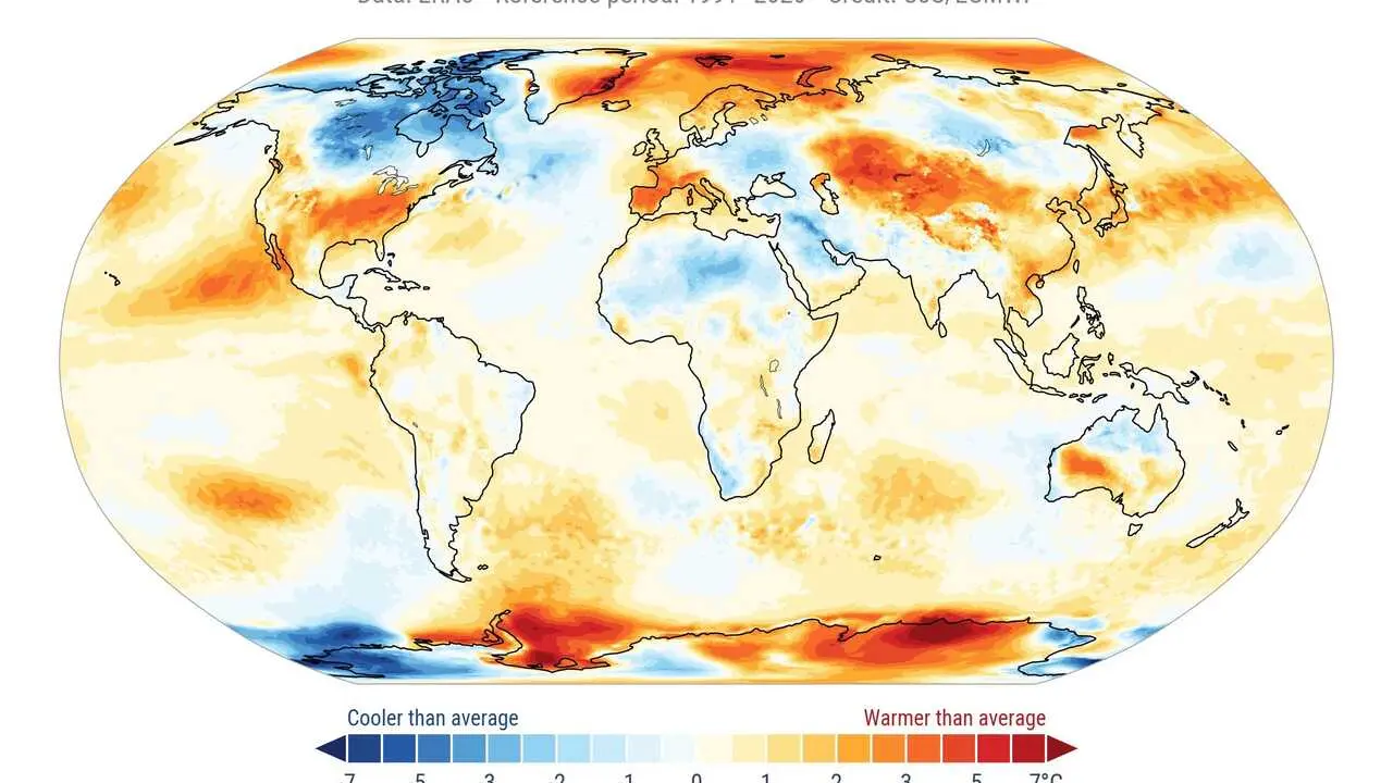 Anomal&iacute;a de la temperatura del aire en superficie en abril de 2026 con respecto a la media de abril para el periodo 1991-2020.