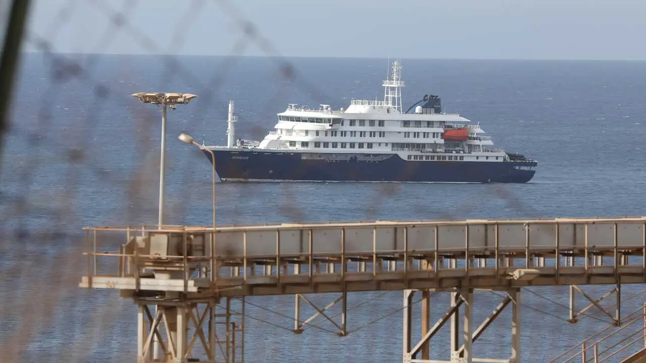 PRAIA, May 6, 2026  -- The Dutch cruise ship MV Hondius is anchored off Praia, Cabo Verde, May 6, 2026.   Cabo Verde on Wednesday carried out an air evacuation of three passengers suspected of hantavirus infection from the Dutch cruise ship MV Hondius, wh