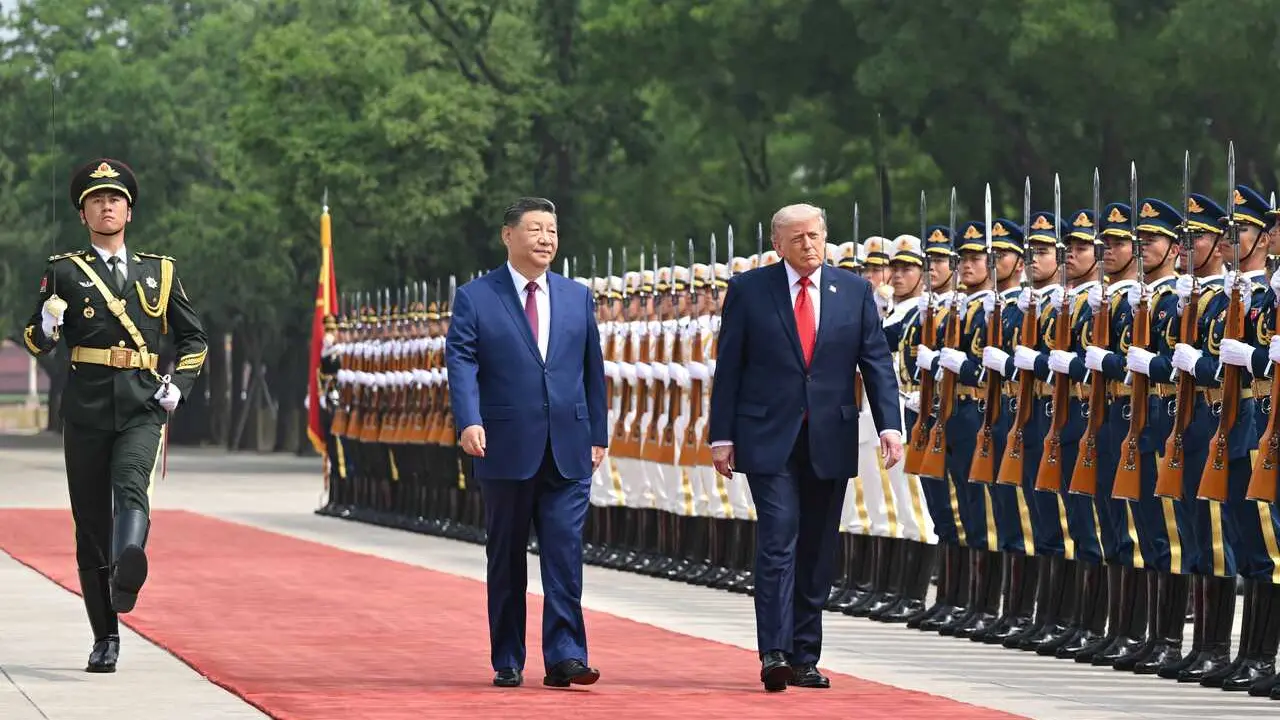 BEIJING, May 14, 2026  -- Chinese President Xi Jinping holds a welcome ceremony for U.S. President Donald Trump, who is on a state visit to China, outside the Great Hall of the People prior to their talks in Beijing, capital of China, May 14, 2026. 