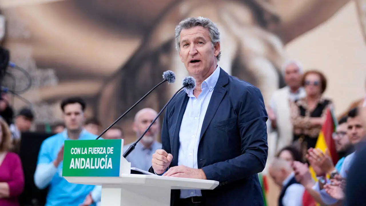 El presidente del PP, Alberto N&uacute;&ntilde;ez Feij&oacute;o, interviene en el acto de cierre de campa&ntilde;a del PP de Almer&iacute;a. A 15 de mayo de 2026 en Almer&iacute;a (Andaluc&iacute;a, Espa&ntilde;a).