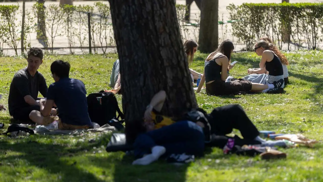 Archivo - Un grupo de personas sentadas en el c&eacute;sped de un parque, a 17 de marzo de 2026, en Madrid (Espa&ntilde;a). 