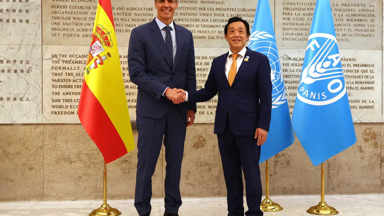 El presidente del Gobierno, Pedro S&aacute;nchez, y el director general de la FAO, Dongyu Qu, durante un encuentro en Roma