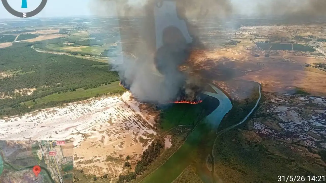 Imagen a&eacute;rea del incendio declarado en Gibrale&oacute;n (Huelva).