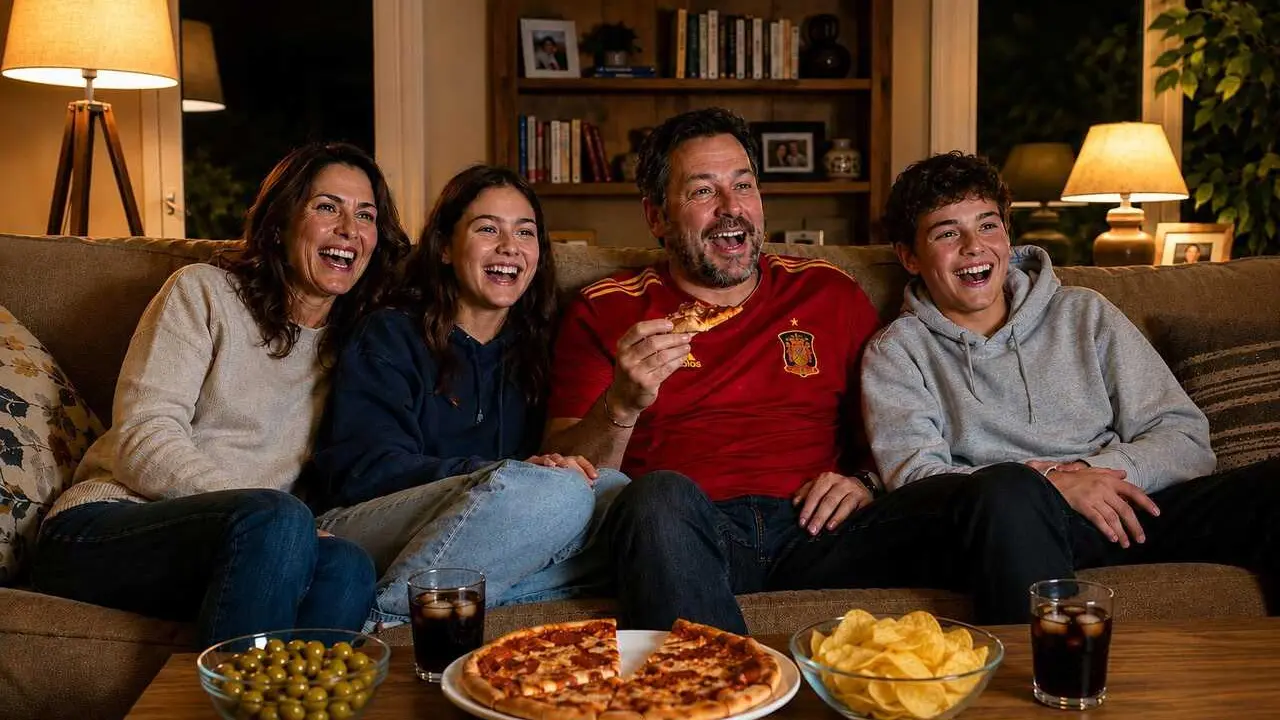Personas viendo un partido de f&uacute;tbol tras pedir 'delivery'