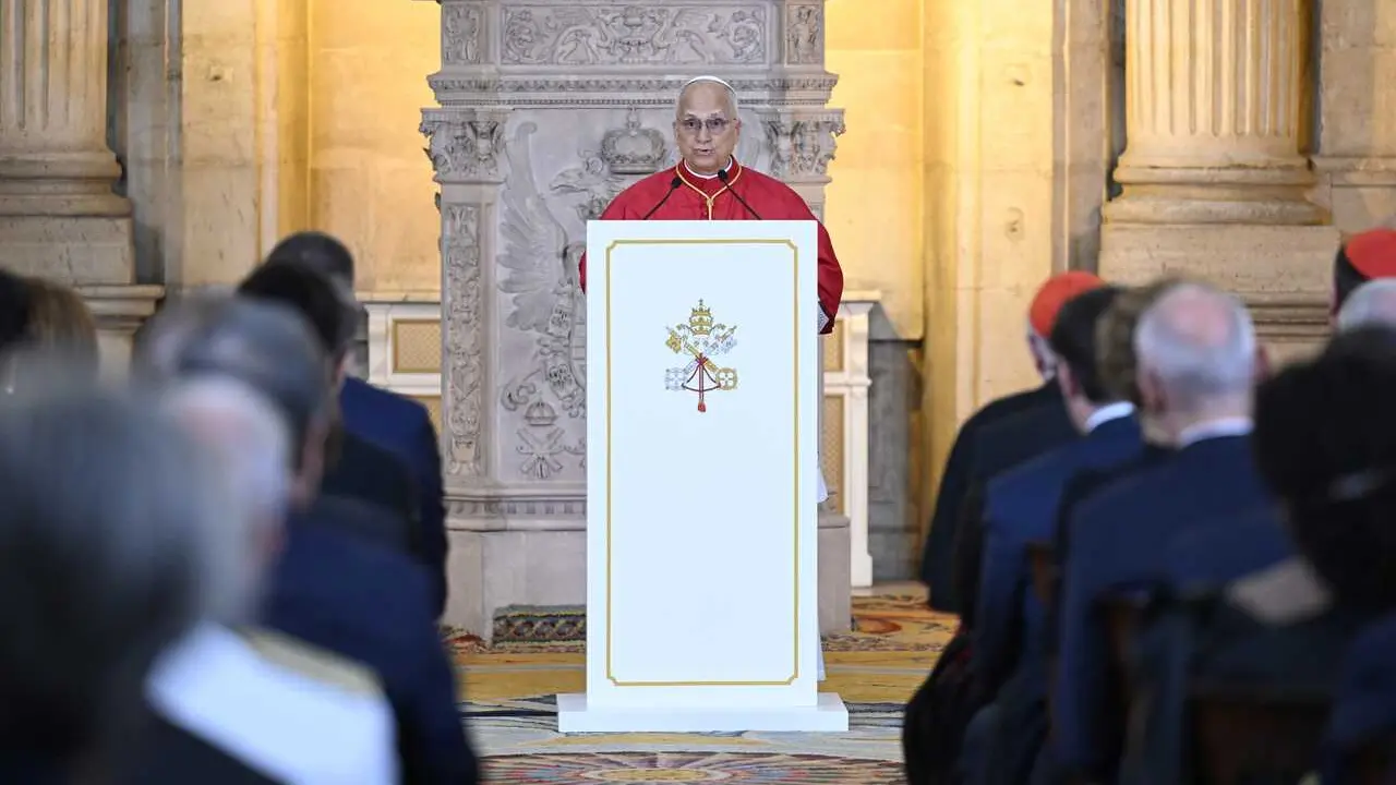 El Papa Le&oacute;n XIV pronuncia un discurso durante su ceremonia de bienvenida en el Palacio Real, a 6 de junio de 2026, en Madrid (Espa&ntilde;a). 
