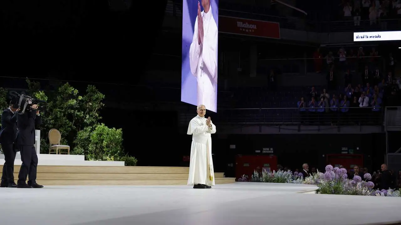 El Papa Le&oacute;n XIV durante el encuentro 'Tejer redes con el mundo de la cultura, la educaci&oacute;n, la empresa y el deporte', en el Movistar Arena, a 6 de junio de 2026, en Madrid (Espa&ntilde;a). 