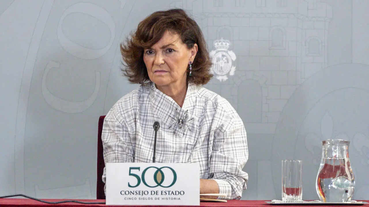 La presidenta del Consejo de Estado, Carmen Calvo, interviene durante la conferencia inaugural de los actos conmemorativos de los cinco siglos de historia de la instituci&oacute;n, en su sede central de la calle Mayor, a 27 de mayo de 2026, en Madrid (Espa&ntilde;a). 