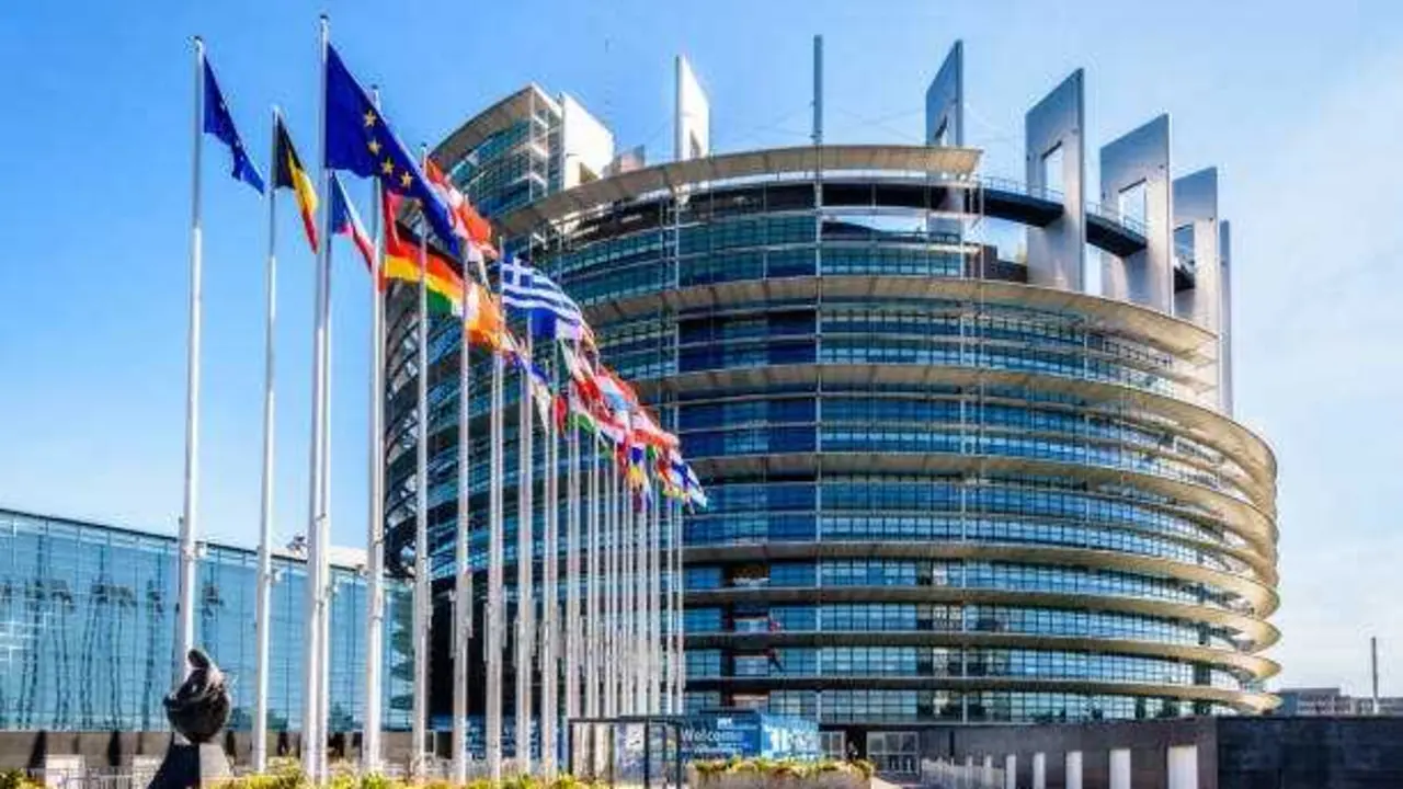 Strasbourg, France - September 13, 2019: Entrance of the Louise Weiss building, inaugurated in 1999, the official seat of the European Parliament which houses the hemicycle for plenary sessions.