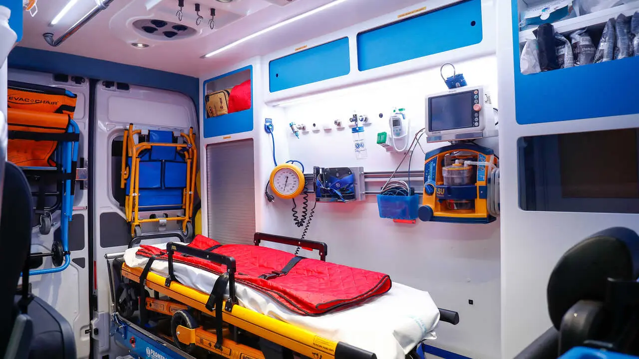 Illustration, detail of the interior of an ambulance of the Integral Emergency Service of Valdemoro on the occasion of the coronavirus during the state of alarm in Spain by COVID-19 on April 15, 2020 in Valdemoro, Madrid, Spain