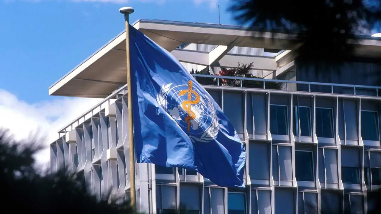 Archivo - Bandera de la Organizaci&oacute;n Mundial de la Salud (OMS) en su sede de en Ginebra (Suiza).