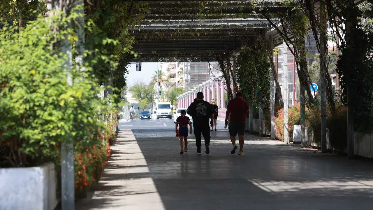 Varias personas se refugian a la sombra. A 05 de julio de 2026, en Sevilla (Andaluc&iacute;a, Espa&ntilde;a). 