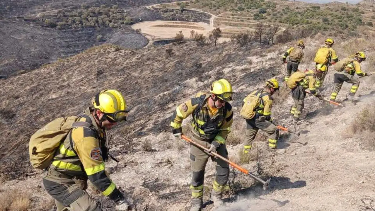 Labores de remate y perimetraci&oacute;n del personal de INFOAR el pasado jueves en el incendio de Castillonroy.