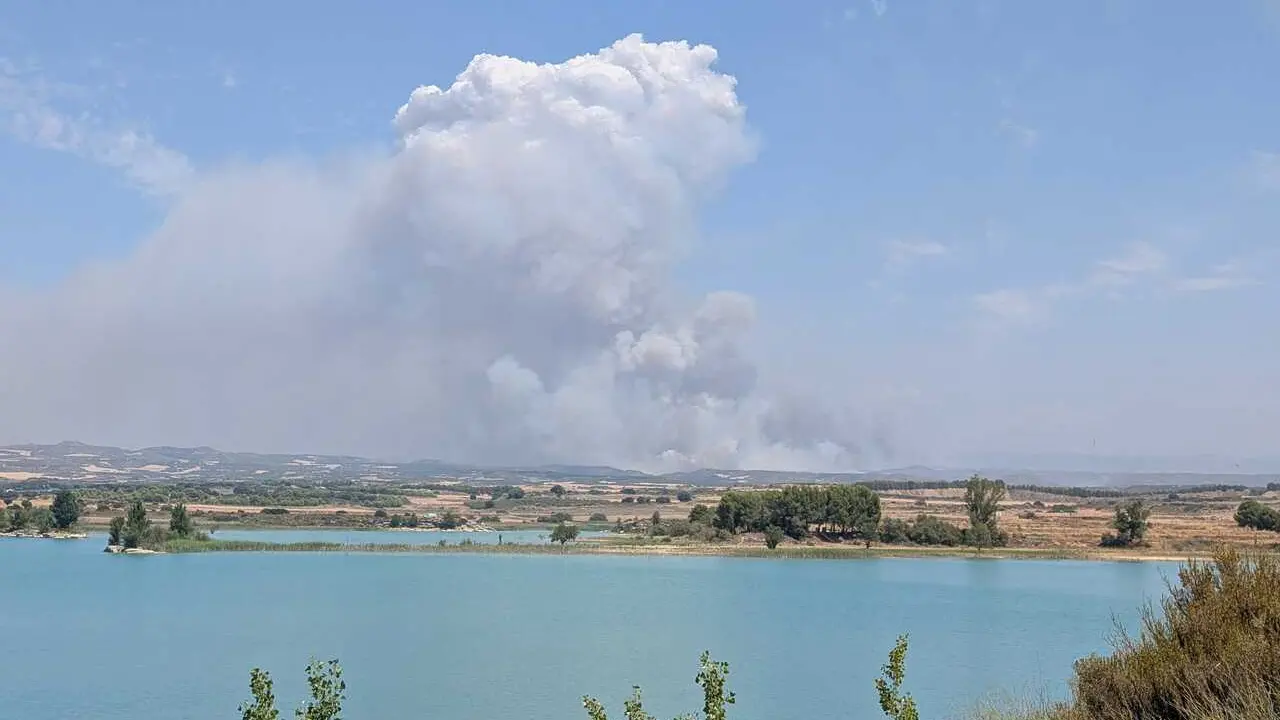 Vista del incendio de las Cinco Villas desde el embalse de San Bartolom&eacute;.