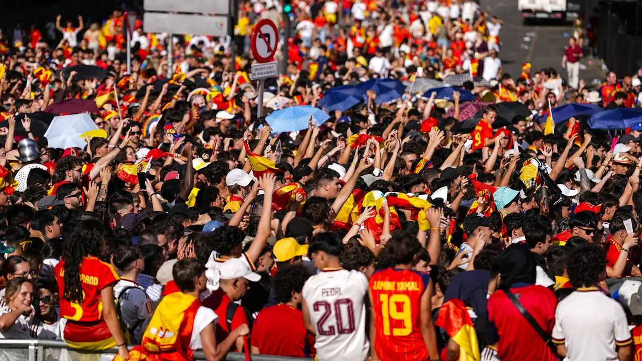 The Spanish stands follow the speaker's music during the parade celebration of Spain as Champions of the FIFA World Cup 2026 at Cibeles Palace on July 20, 2026 in Madrid, Spain.