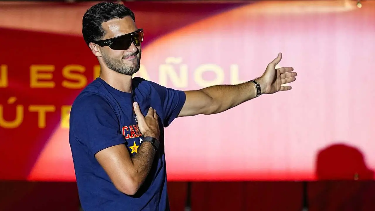 Mikel Merino celebrates on stage during celebration of Spain as Champions of the FIFA World Cup 2026 at Cibeles Palace on July 20, 2026 in Madrid, Spain.