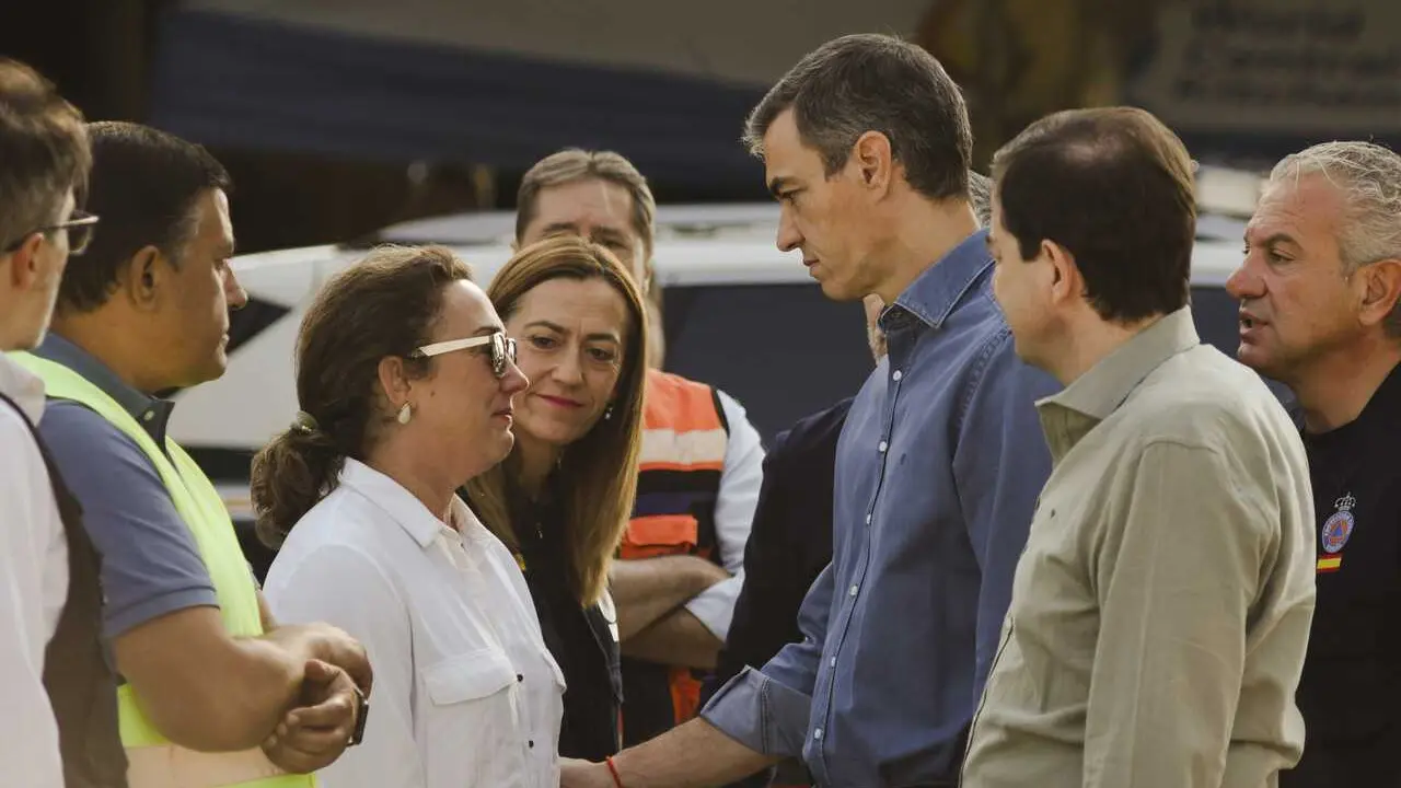 El presidente del Gobierno, Pedro S&aacute;nchez (c), acompa&ntilde;ado del presidente de la Junta de Castilla y Le&oacute;n, Alfonso Fern&aacute;ndez Ma&ntilde;ueco (2d); la consejera de Medio ambiente de Castilla y Le&oacute;n, Mar&iacute;a Gonz&aacute;lez Corral (3i), y del delegado del Gobierno en Castilla